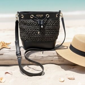 Guess Est 1981 Black Woven Straw Bucket Bag Crossbody